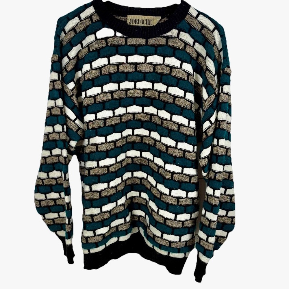 Vintage 80s 90s Jordache Sweater Men L Geometric Brick Textured Knit USA Retro
